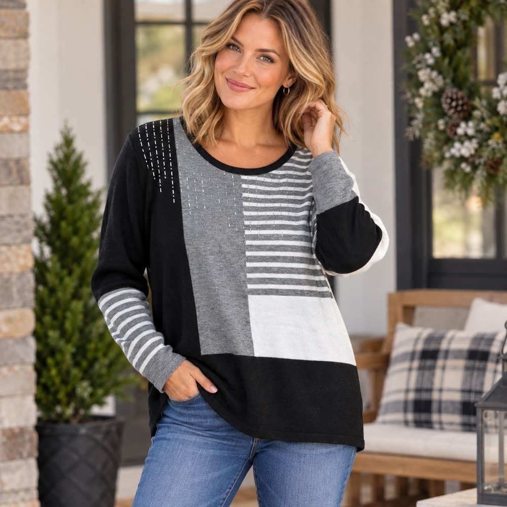 Allison Daley Woman 1X Sweater Striped Beaded Colorblock Pullover
